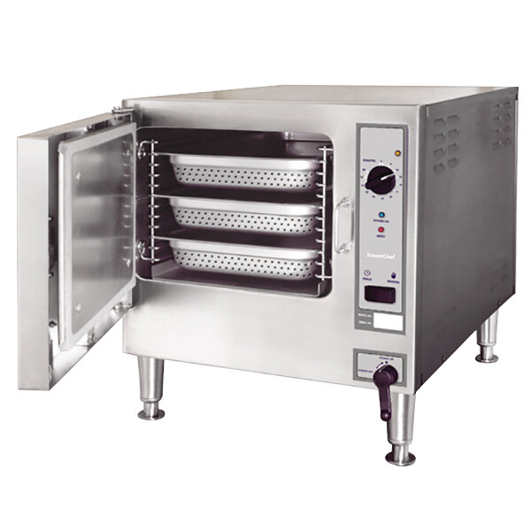 A large stainless steel Cleveland SteamChef countertop steamer with two doors open.