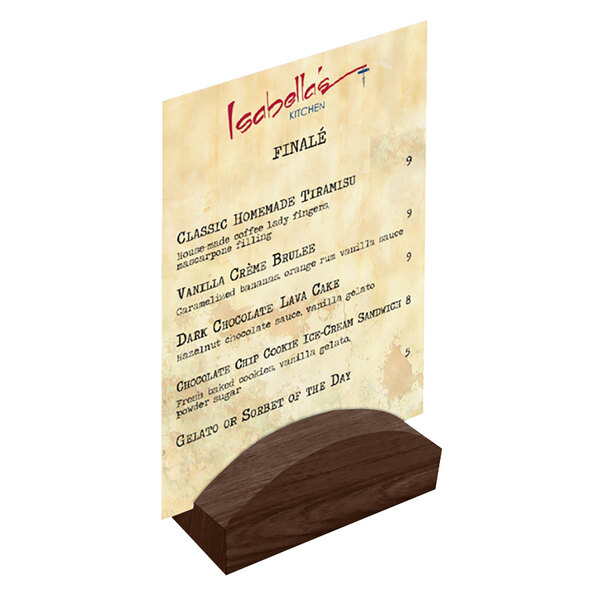 A walnut wood rounded table card holder holding a menu.