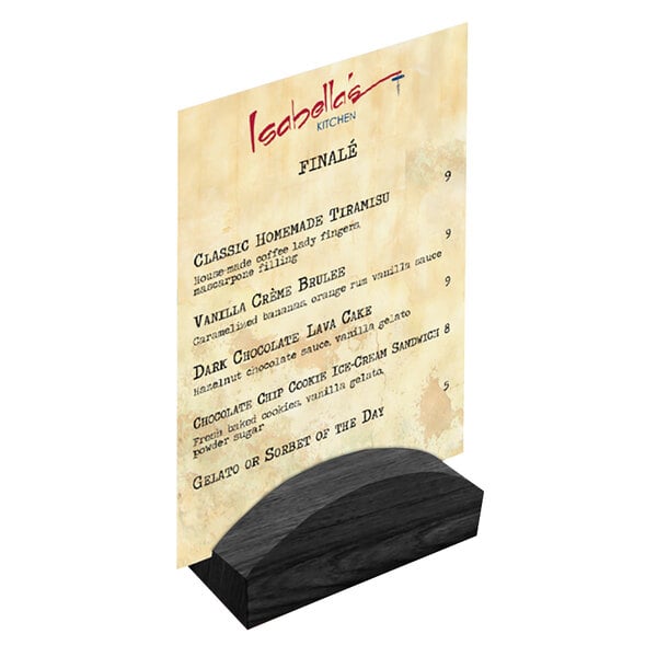 A black wooden rounded menu holder on a table.