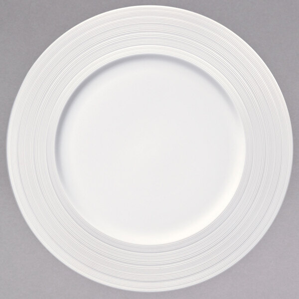 A white Oneida porcelain plate with a thin rim.