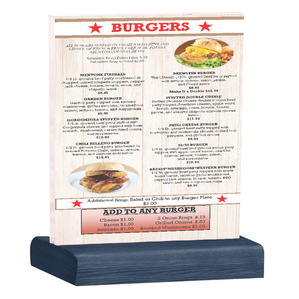 A Menu Solutions clear acrylic table tent on a wooden stand with a burger menu.
