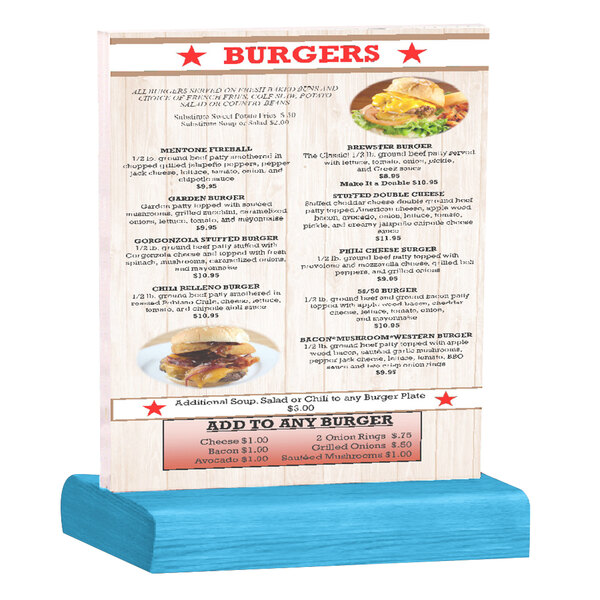 A Menu Solutions clear acrylic table tent with a sky blue wood base holding a menu with a burger on it.