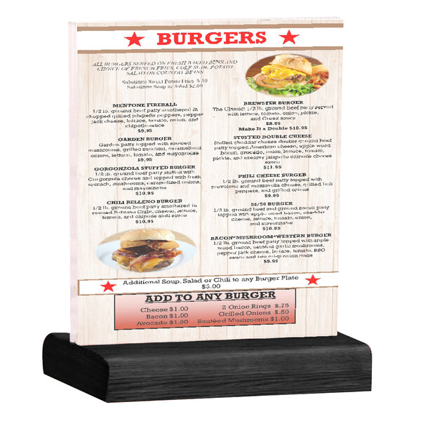 A Menu Solutions clear acrylic table tent with a black wood base holding a menu with a burger on it.