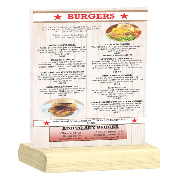 A Menu Solutions clear acrylic table tent with a menu on a wooden stand.