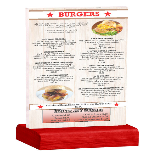 A Menu Solutions clear acrylic table tent with a solid berry wood base on a table with a red tablecloth.