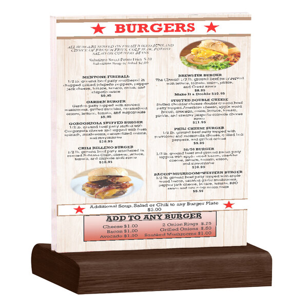 A Menu Solutions clear acrylic table tent with a solid walnut wood base holding a menu with a burger on it.