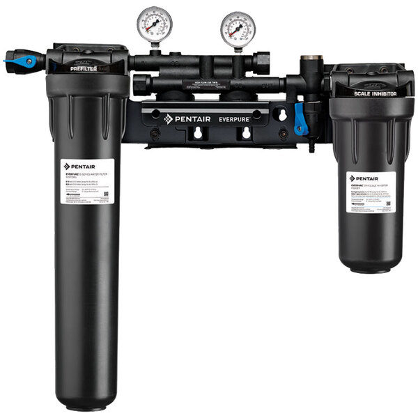 A white Everpure twin water filter manifold with gauges.