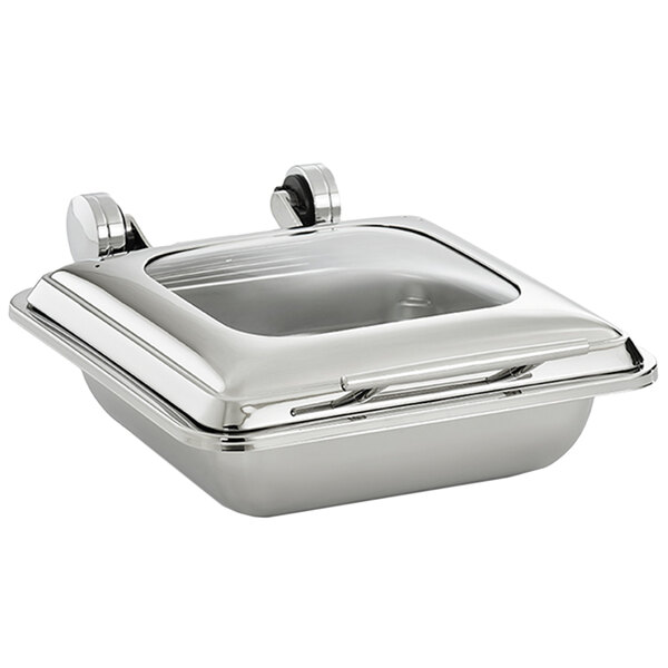 A silver stainless steel Vollrath chafing dish with a glass lid.