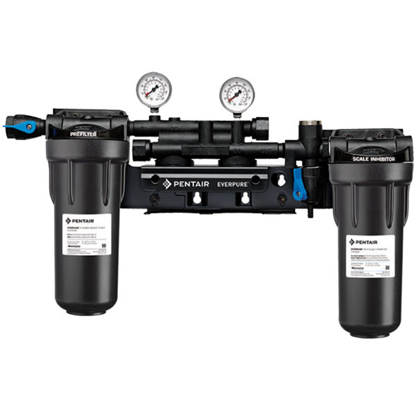A black Everpure water filter manifold with gauges.