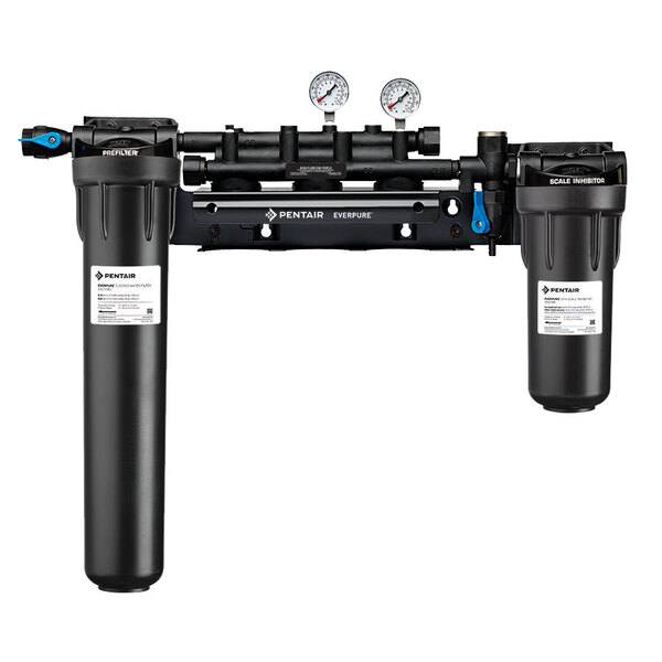 An Everpure water filter manifold with three filters and two gauges.