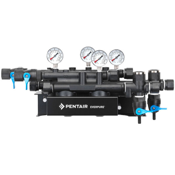 A black Everpure manifold with pressure gauges.