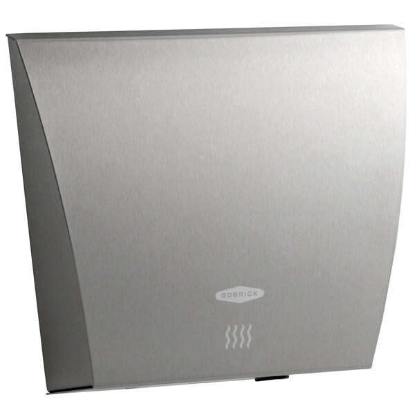 A stainless steel Bobrick surface-mounted hand dryer.