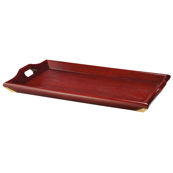 A mahogany hardwood rectangular room service tray with handles.