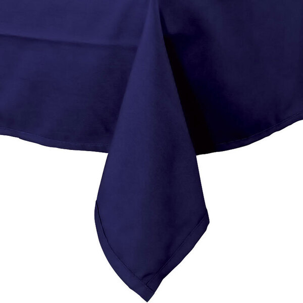 A navy blue Intedge rectangular tablecloth with a folded edge.