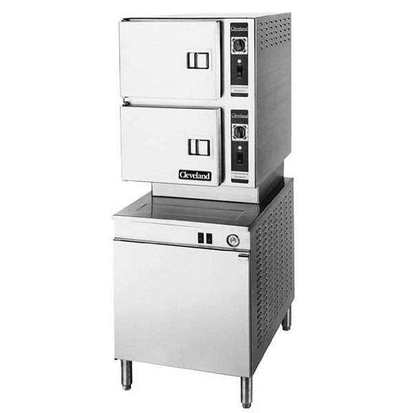 A large stainless steel Cleveland convection steamer with a square top.