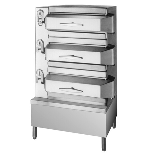 A stainless steel Cleveland Direct 3 Compartment Pressure Steamer.