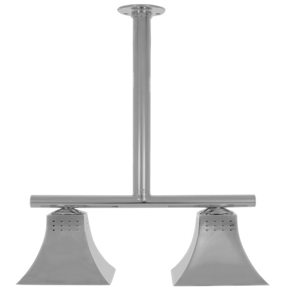 A stainless steel Hanson Heat Lamps ceiling mount with two long heat lamps.
