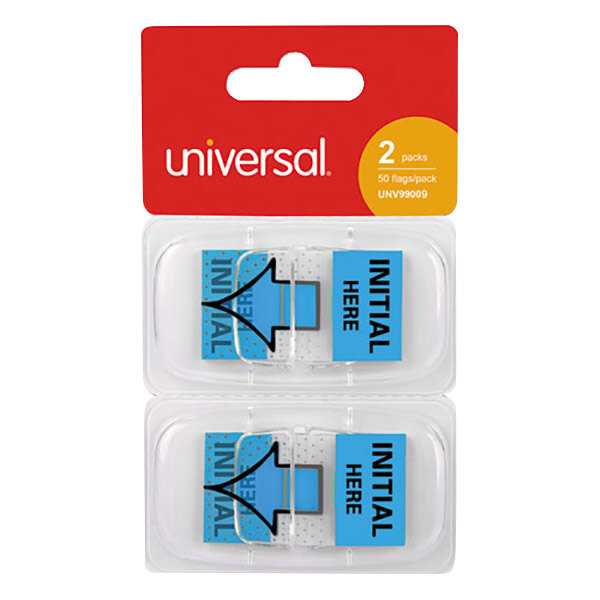 A package of 100 blue Universal "Initial Here" arrow flags.