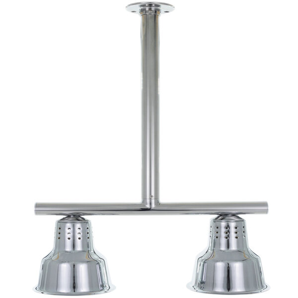 A Hanson Heat Lamps ceiling mount double heat lamp with a chrome finish.