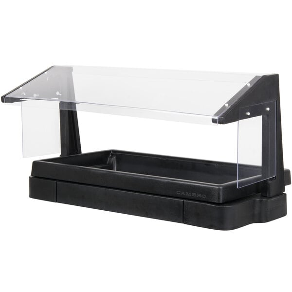 A black plastic shelf with a clear top and sneeze guard.