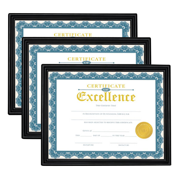 Three Universal black plastic document frames holding certificates with blue and white borders.