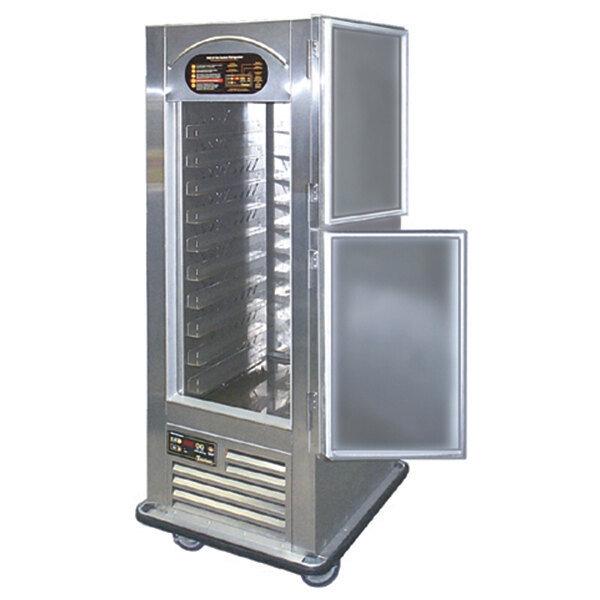 A large stainless steel Traulsen reach-in refrigerator with a door open.
