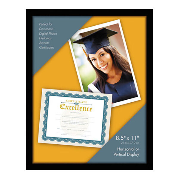 A Universal black metal document frame holding a graduation certificate with a photo of a woman.