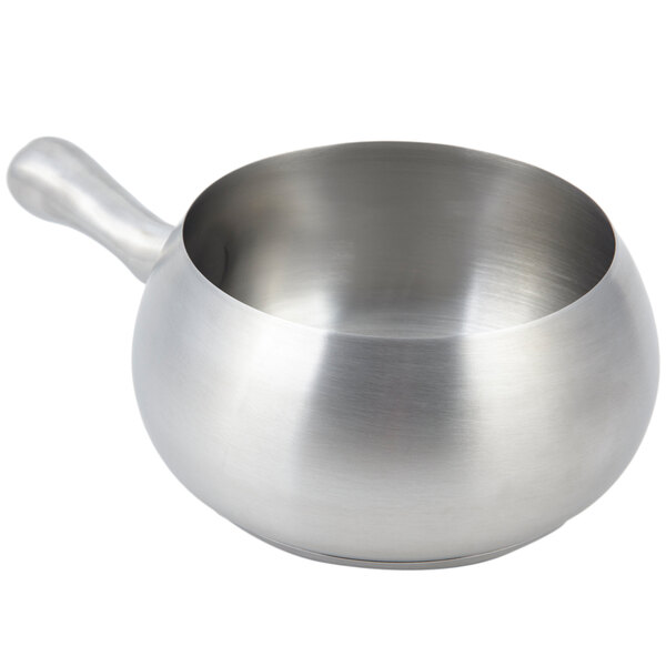 A close-up of a silver Bon Chef stainless steel fondue pot with a handle.