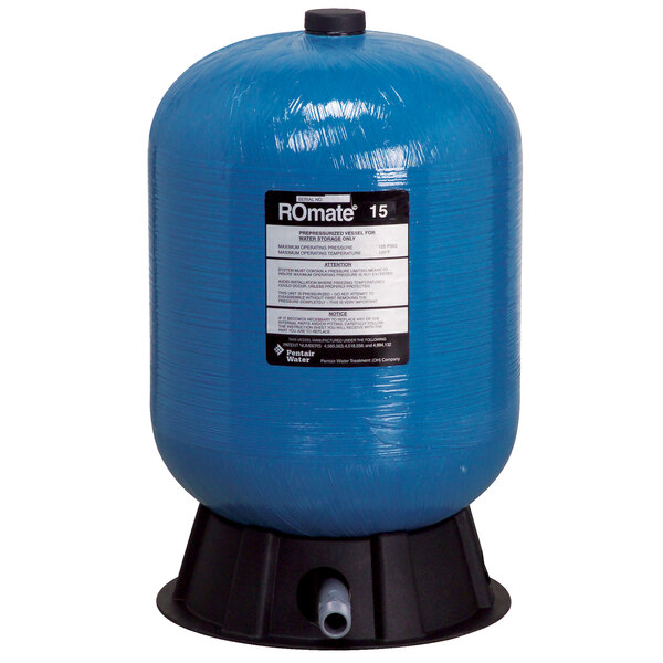 An Everpure blue plastic water storage tank on a black stand.
