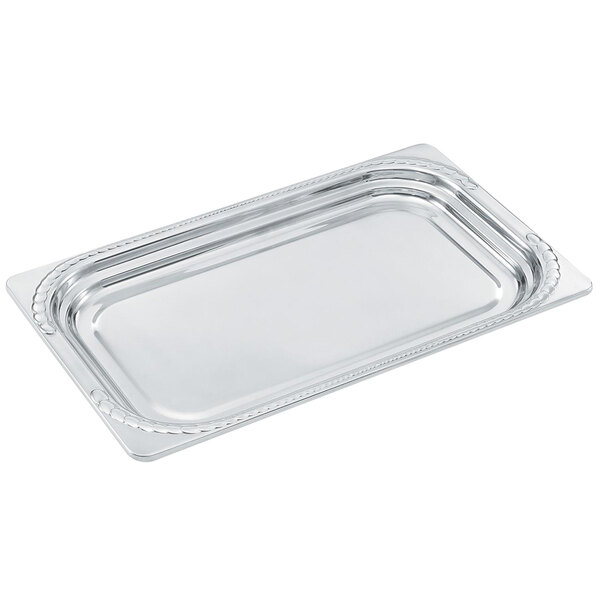 A Vollrath Miramar stainless steel rectangular food pan with silver handles.