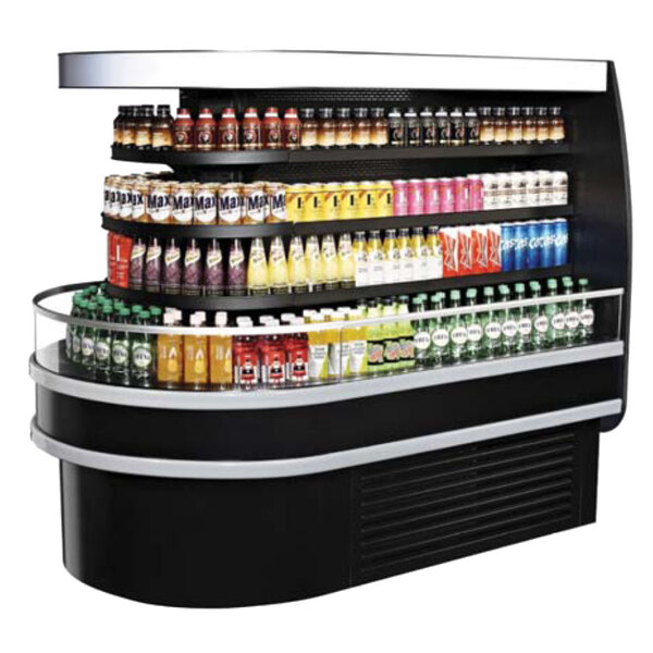 A Turbo Air black air curtain island display case filled with drinks and beverages.