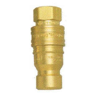 A close-up of a gold pipe connector with brass threading.