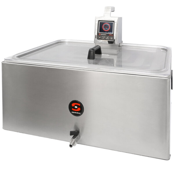 A Sammic SmartVide sous vide immersion circulator head in a large stainless steel container on a counter.