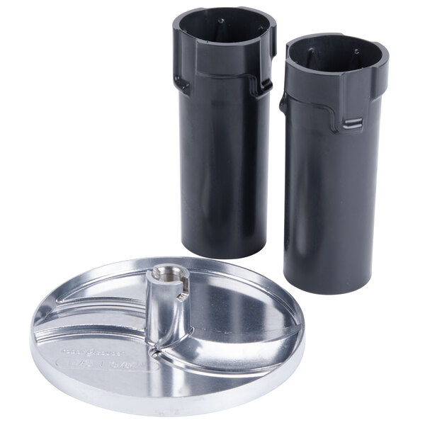 A black plastic container with a black cap and a circular metal object with a hole inside.