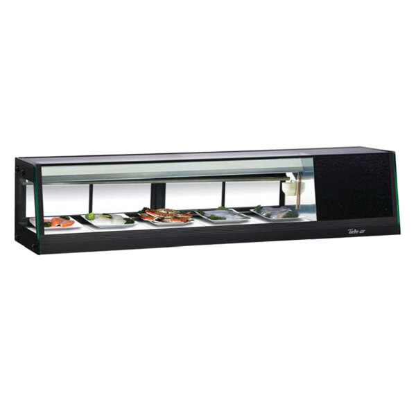 A Turbo Air refrigerated sushi display case with food on it.
