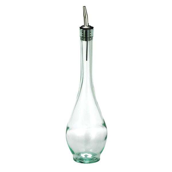 A clear glass Tablecraft olive oil bottle with a metal spout and stopper.