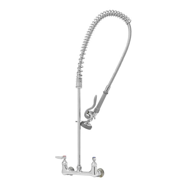 A silver T&S pre-rinse faucet with a hose.