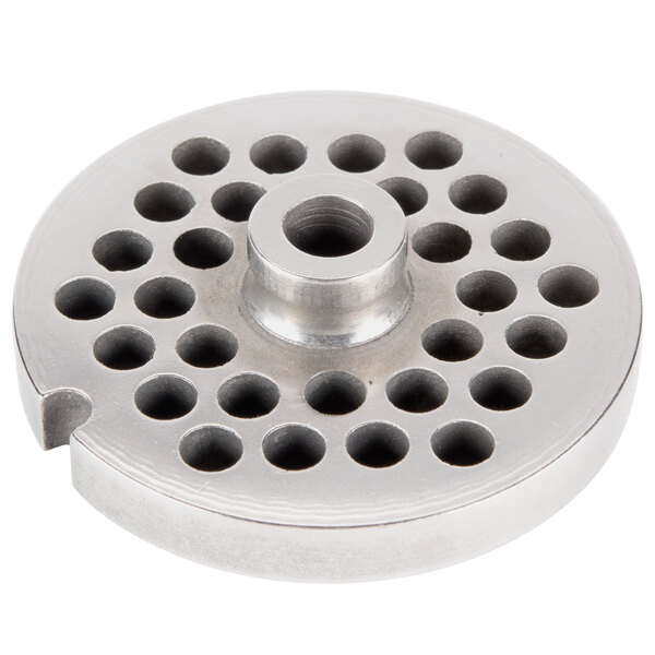 A close-up of a stainless steel Avantco meat grinder plate with holes.