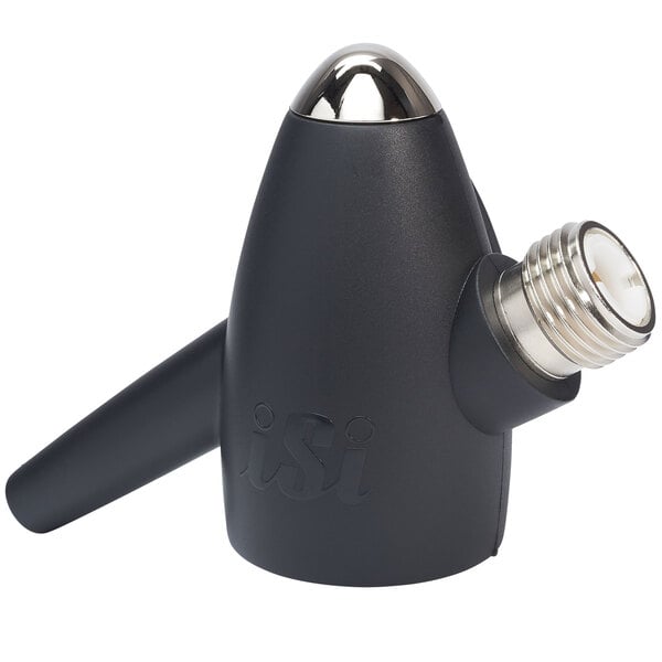 A black and silver iSi soda siphon head.