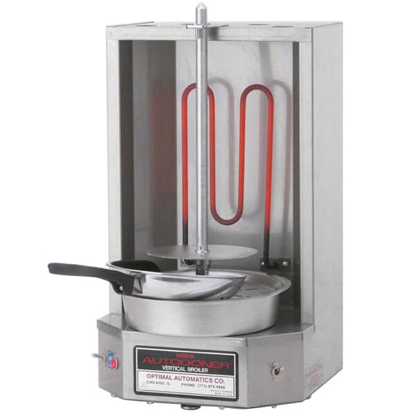 An Optimal Automatics Mini Autodoner, a stainless steel vertical broiler with a pan and a pot.