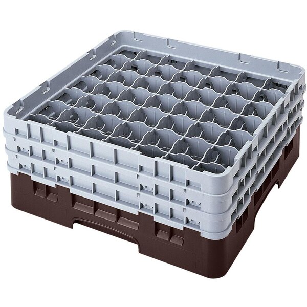 A brown plastic Cambro glass rack with 49 compartments.