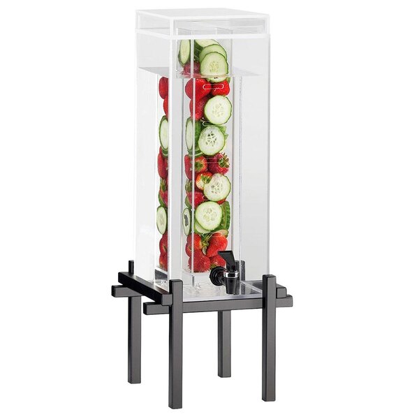A Cal-Mil black beverage dispenser with an infusion core and fruits inside.