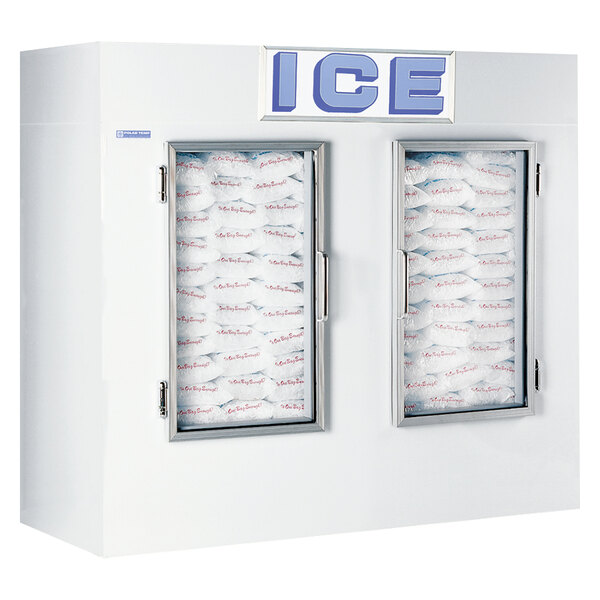 A white Polar Temp ice merchandiser with two doors and white bags inside.