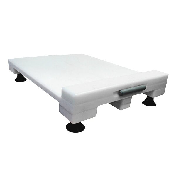 An Omcan heavy-duty cheese blocker with a white plastic board and metal legs.