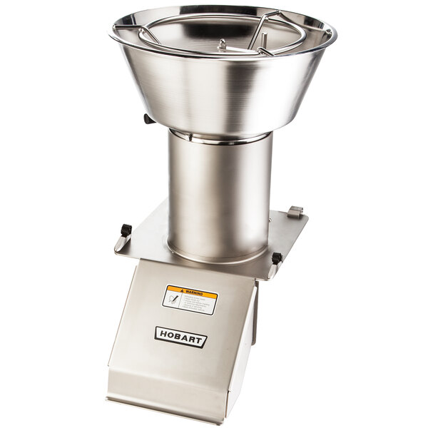 A stainless steel Hobart bulk feed hopper and cylinder with a lid.
