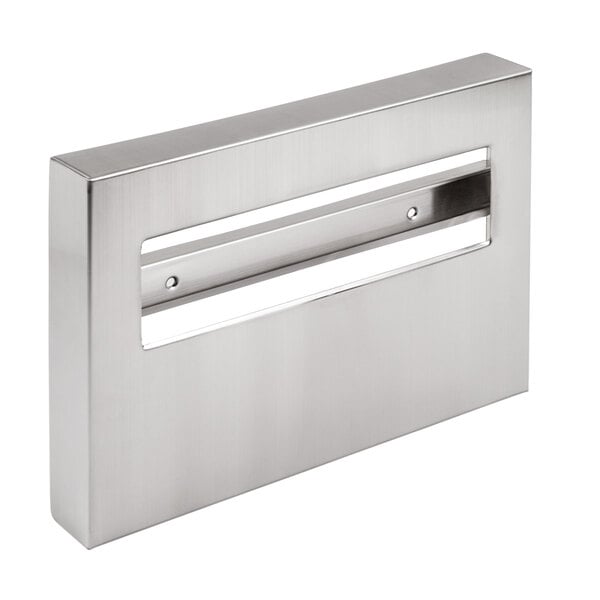 A Lavex stainless steel rectangular toilet seat cover dispenser with a hole in it.