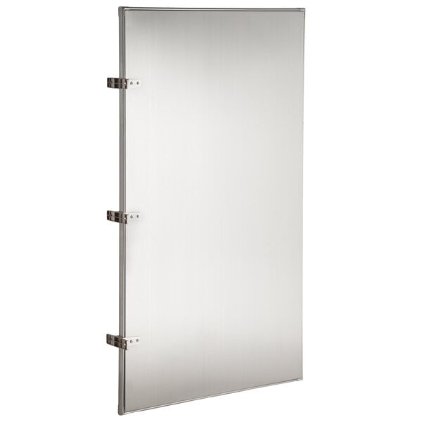 A white rectangular stainless steel urinal partition with metal hinges.