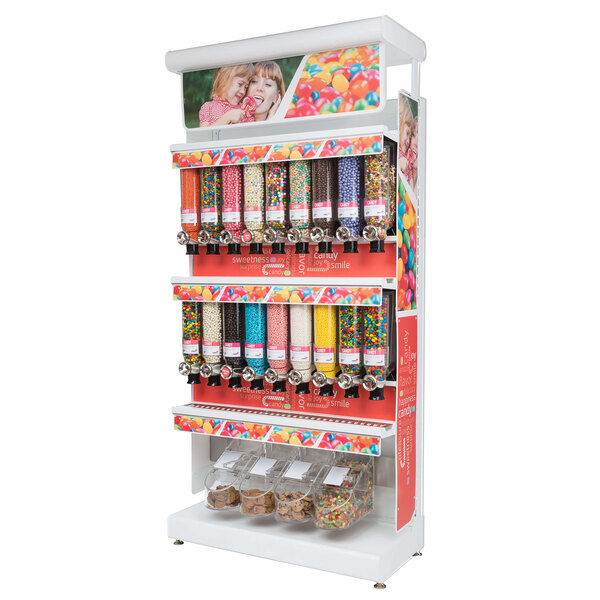 A white display of Rosseto candy dispensers filled with different types of candy.