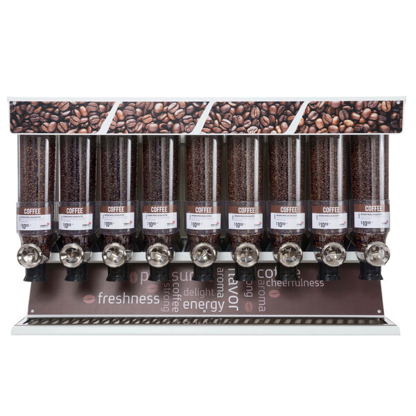 A Rosseto coffee dispenser shelf with 9 canisters filled with coffee beans.