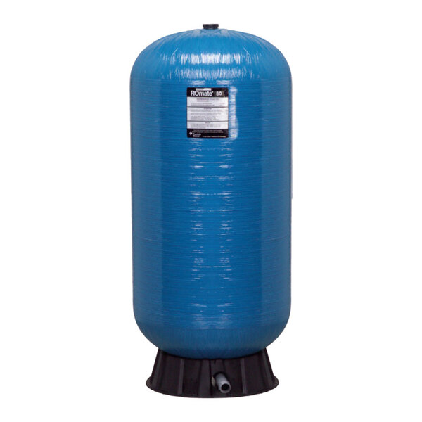 A blue cylinder with a black base and a label.